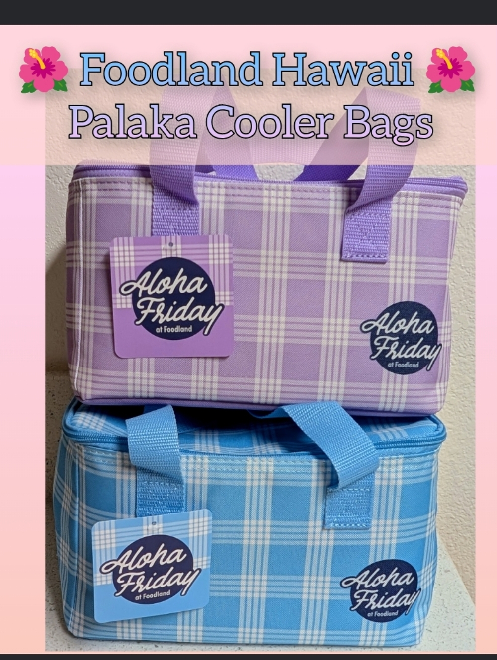 Foodland Hawaii Lavender & Blue Palaka Cooler Tote Bag (Set Of 2)